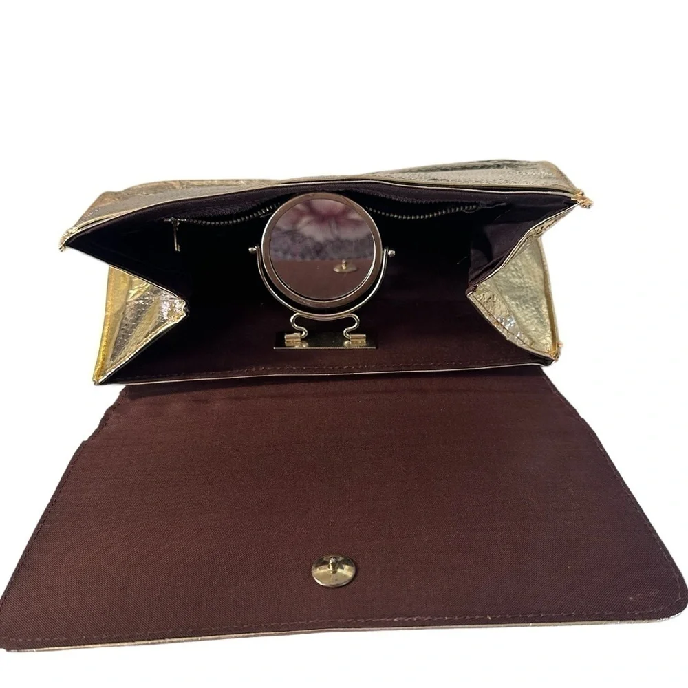 Gold Vintage Clutch Handbag with Inside Cosmetic Mirror Zipper Pocket Purse Bag